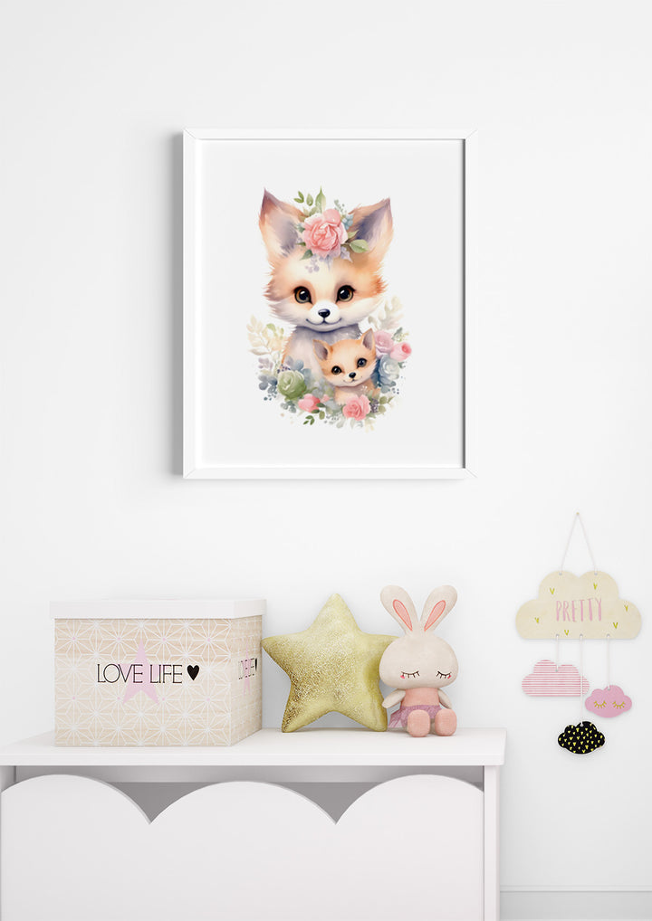 Cute fox with cub