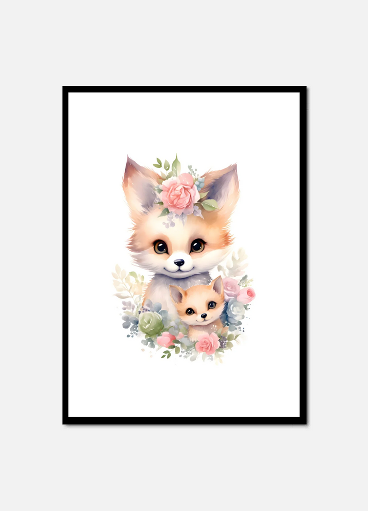 Cute fox with cub